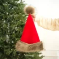 Red Christmas hat with faux fur cuff and pom pom, soft plush holiday party hat for adults. - Kids / Red Brown