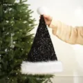 Black Sequin Santa Hat with White Faux Fur Trim and Pom Pom Christmas Holiday Party Hat - Black Sequin Long Plush