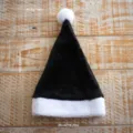 Black plush Christmas Santa hat with white brim, adult holiday party festive costume accessory. - Kids / Black Short Plush