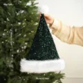 Chapeau de Noël à sequins vert foncé avec bordure en peluche blanche, accessoire de fête. - Vert Paillette Longue Peluche
