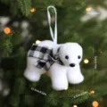 White plush polar bear Christmas tree hanging ornament with plaid scarf, holiday decor. - Black White Plaid Scarf Bear