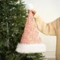 Chapeau de Noël à sequins roses avec bordure en peluche et pompon, décoration festive - Champagne Paillette Longue Peluche