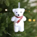 White flocked bear Christmas hanging ornament with cute plaid scarf for holiday tree decor - 2 Pcs/Set / Red Scarf Bear (2 Pieces)