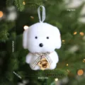 White plush puppy hanging ornament for Christmas tree decoration with bow and tag 10x8cm - Dog