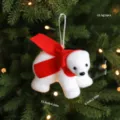 White plush polar bear Christmas ornament with red scarf hanging on tree decoration - Red Scarf Bear