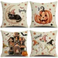 Lot de 4 housses de coussin d'Halloween avec fantômes mignons et citrouilles pour décor effrayant. - HYMD336-5