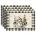 Set of 4 Christmas placemats with buffalo check and snowman design for holiday dining decor. - Black and White Plaid Snowman (Style 7)