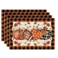 Set of 4 autumn Thanksgiving placemats with buffalo plaid, pumpkins, and floral prints. - Black Orange Plaid Rugby Pumpkin Style (Style 10) / 30x45cm