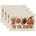 Autumn Thanksgiving placemat set, pumpkin maple leaf printed linen table mat for kitchen. - Tis The Season Autumn Coffee Style (Style 11) / 30x45cm