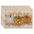 Autumn Thanksgiving pumpkin maple leaf print linen placemat set table decor 4pcs - Beige Plaid Pumpkin Maple Style (Style 2) / 30x45cm