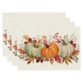 Autumn Thanksgiving pumpkin and maple leaf print linen dining table placemat set 4pcs - Thanksgiving Pumpkin Maple Print Style (Style 19) / 30x45cm