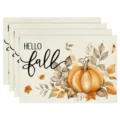 Autumn pumpkin maple leaf print linen placemat heat insulation dining table mat 4pcs - Hello Fall Pumpkin Flower Style (Style 32) / 30x45cm