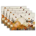 Autumn Thanksgiving pumpkin maple leaf printed linen placemat dining table heat insulation mat - Thanksgiving Plaid Pumpkin Style (Style 34) / 30x45cm