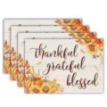 Fall Thanksgiving placemats set of 4 linen table mats with pumpkin sunflower autumn prints. - Thankful Grateful Blessed Style (Style 36) / 30x45cm