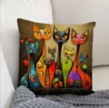 Künstlerischer Kissenbezug mit abstrakten Katzen, detaillierte Textilstruktur für Sofa. - Stil 21