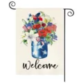 Σημαία κήπου Ημέρας Ανεξαρτησίας ΗΠΑ με Welcome και όμορφο βάζο λουλουδιών για εξωτερικό χώρο. - Στυλ 13