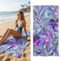 Close-up scene of a quick-dry beach towel with abstract holographic liquid metal print. - 40*60cm / Holographic Metal Grid Style (48)