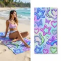 Quick dry beach towel with holographic 3D star and heart pattern, perfect for swimming and gym. - 40*60cm / Y2K 3D Star Heart Butterfly Style (46)