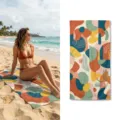 Detailed view of abstract geometric beach towel in lifestyle beach setting and flat lay mockup. - 8