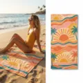 Detailed shot of retro sunset and palm tree pattern on quick-dry beach towel texture. - 40*60cm / Style 33