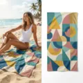 Detailed view of abstract geometric beach towel in use and flat lay, quick-drying fabric. - 11