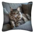 Detailaufnahme eines dekorativen Kissenbezugs mit realistischem flauschigen Katzenmotiv auf Sofa. - Stil 33
