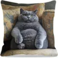 Niedlicher Kissenbezug mit dicker grauer Katze, künstlerischer Ölgemälde Sofa Kissen. - Stil 24