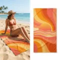 Retro sunset beach towel, vibrant orange waves printed microfiber towel for summer swimming and travel. - Retro Sunset and Waves (37) / 40*60cm / Orange Yellow and Pink