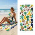 Quick dry tropical beach towel with colorful toucan and fruit print for summer outdoor use. - 46
