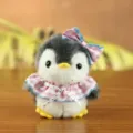 Cute plush penguin toy pendant, grey and white stuffed animal with pink checkered bow and bib. - Approx 10cm / Pink