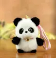 Cute fluffy panda plush toy keychain with pink strap and a golden bell for stylish bags. - About 11cm / Panda