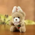 Cute plush teddy bear pendant toy with pink bow and cherry decoration, soft brown fluffy animal key holder key chain bag charm. - Tan