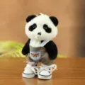 Cute plush panda keychain doll wearing stylish denim overalls and mini sneakers, perfect bag charm. - Pink Overalls With Shoes Style / 14cm (Jointed)