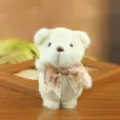 White Plush Teddy Bear Pendant Cute Stuffed Animal Toy Keychain with Checkered Bow Tie - 13cm / Pink Color