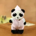 Cute plush panda toy wearing a pink hooded romper, soft stuffed doll for bag pendant. - Pink Pajamas Style / 14cm (Jointed)