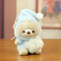 Cute plush bear pendant with blue nightcap, soft stuffed doll keychain ornament for bags. - Blue
