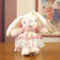 Pink bunny plush toy keychain, cute fluffy stuffed rabbit bag pendant with lace dress. - Approx. 16cm / Pink