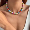 Bunte Perlenkette Damen Sommer lässig Stil lebendige runde Perlen Kragen Schmuck neu - Halskette (0115) / bunt