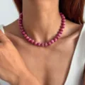 Schicke rosa Perlenkette für Damen, stilvoller Sommer Freizeit Schmuck Accessoire Statement - Halskette (0115) / Fuchsie