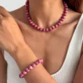 Rosa Perlenkette und Armband Set Sommer Lässiger Schmuck Mode Damen Accessoires - Set (0051) / Fuchsie