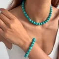 Türkis Perlen Halskette und Armband Set für Damen Sommer lässiger Schmuck schick - Set (0051) / Seeblau