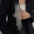 Punk style large safety pin brooch with cascading silver chains and white pearl tassel decoration - Tassel Beaded Style (00391)