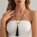 Detail view of long tassel necklace with colorful resin beads and adjustable black wax cord. - Beaded Style (07773) / Black K3