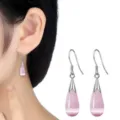Close-up detail of the elegant pink teardrop earrings featuring a charming cat's eye stone design. - Pink Waterdrop Style (ED2652-1)