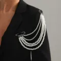 Elegant multi-layer faux pearl brooch pin, chic silver chain shoulder accessory for women. - Multi-Layer Pearl Chain Pin Style (0005) / Silver