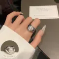 Silver heart faux pearl ring, elegant open geometric finger ring variant for women and girls. - Silver Heart Artificial Pearl Style (JZ7741)