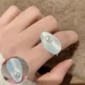 Silver textured geometric open ring with simulation pearl, elegant variant style for women. - Open Adjustable / Geometric Artificial Pearl Open Ring (JZ5198)