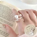Geometric multi-layer pearl open ring for women, elegant fashion finger jewelry style. - Open Adjustable / Intertwined Pearl Ring (JZ7967)