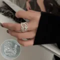 Trendy multi-layer irregular metal ring for women, wide open silver aesthetic jewelry. - Open Adjustable / Silver Irregular Line (JZ7865)