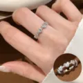 Silver heart link ring with sparkling rhinestones, elegant open finger ring for women daily wear. - Heart Series Rhinestone Open Ring